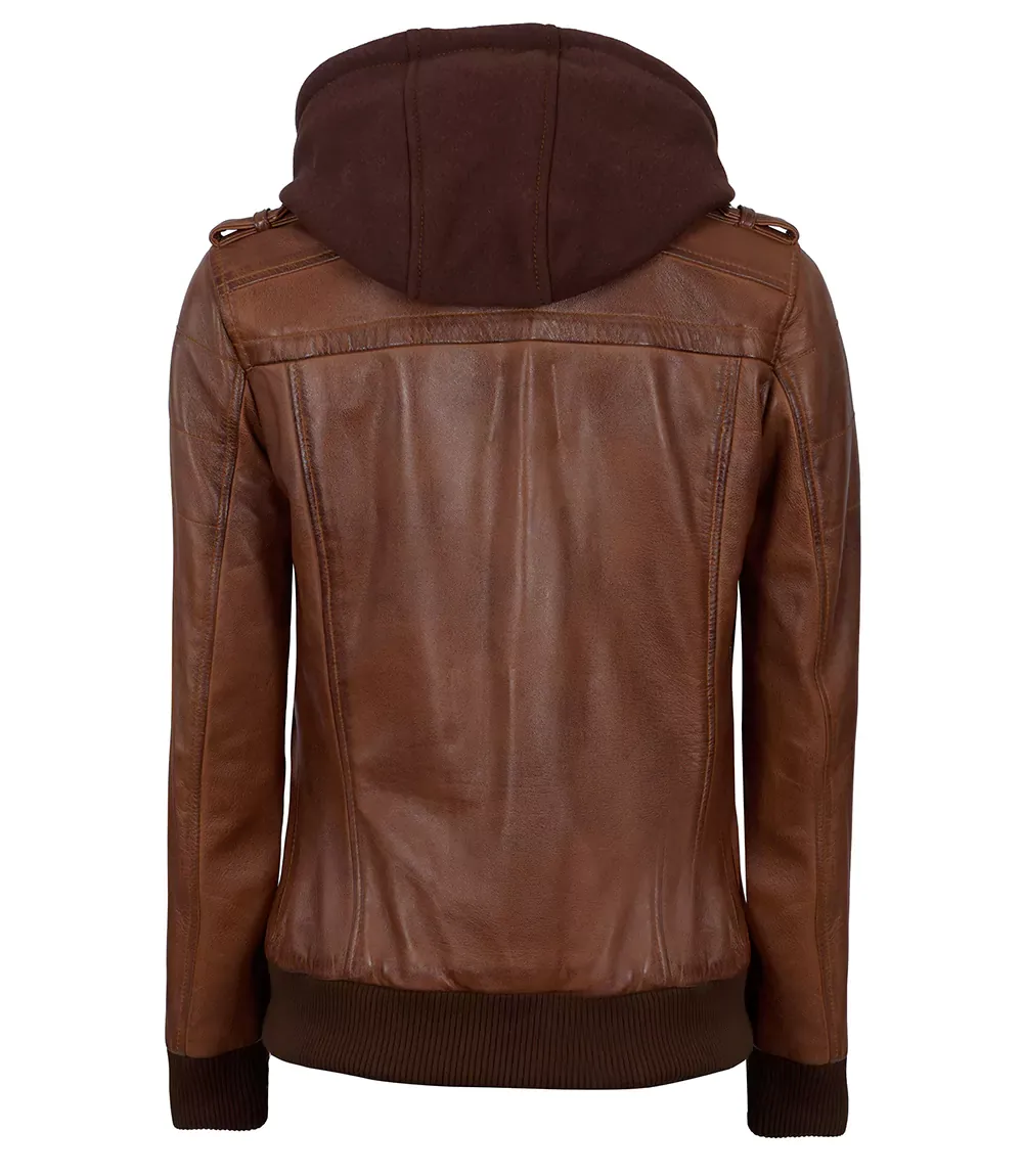 Womens Cognac Leather Bomber Jacket With Hood Womens Cognac Leather Bomber Jacket With Hood