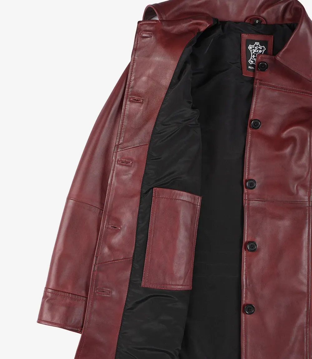 Womens Button Down Burgundy Leather Car Coat Womens Button Down Burgundy Leather Car Coat