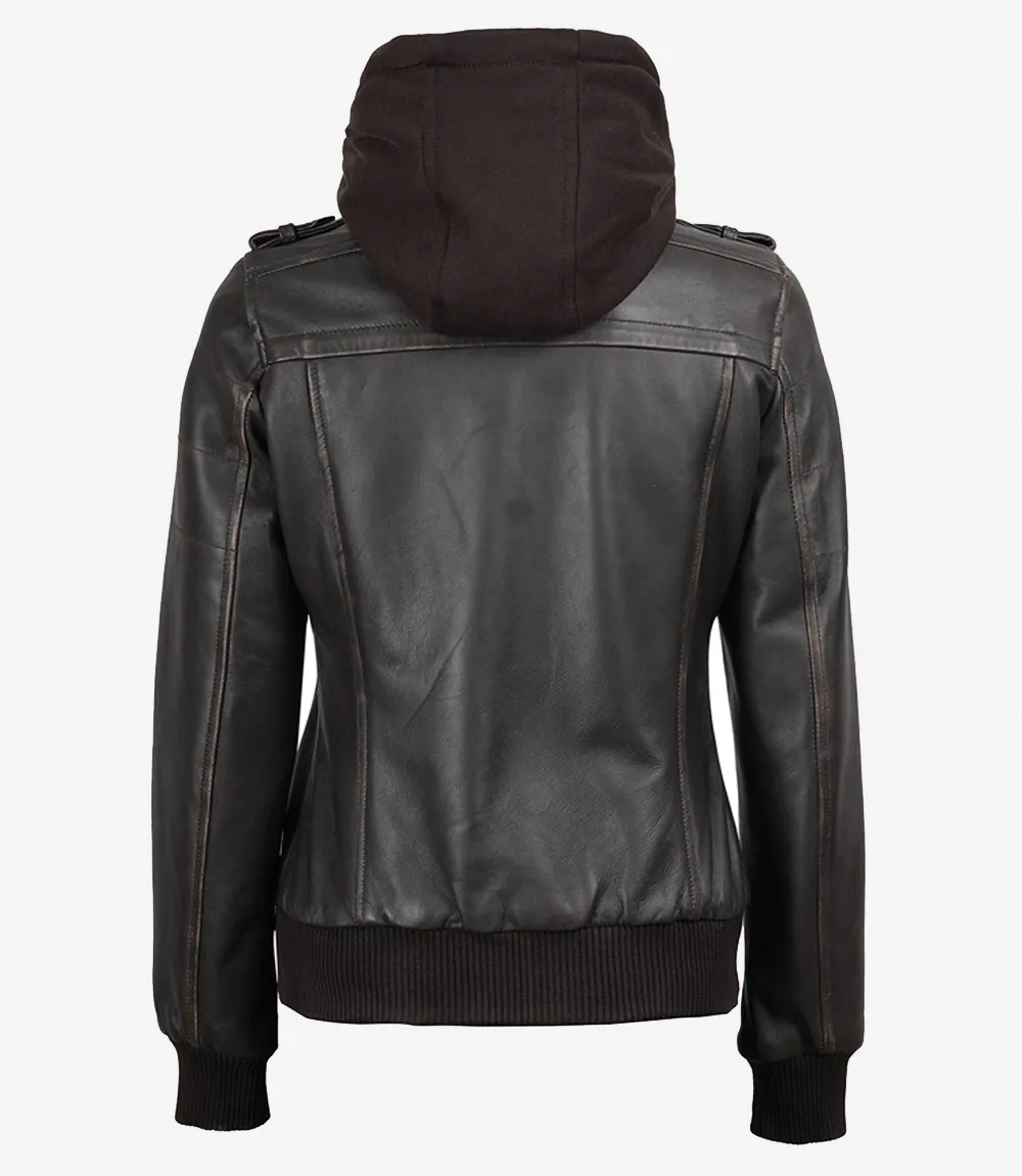 Womens Distressed Brown Hooded Bomber Leather Jacket Womens Distressed Brown Hooded Bomber Leather Jacket