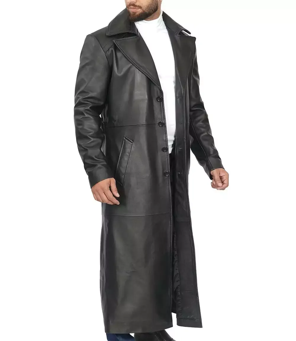 Men's Full-Length Black Leather Overcoat - Duster Coat Men's Full-Length Black Leather Overcoat - Duster Coat