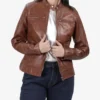 Women's Cognac Waxed Real Leather Biker Style Jacket