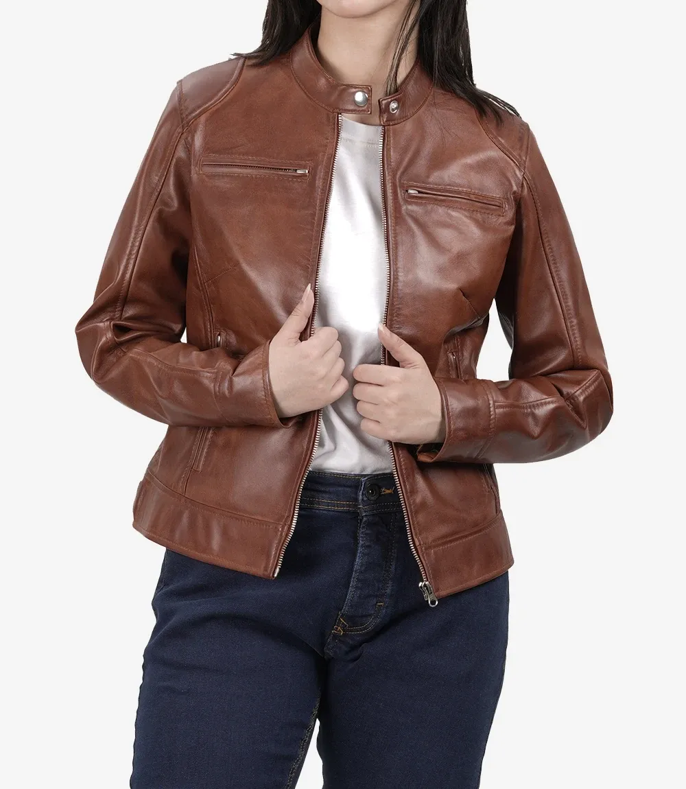 Women's Cognac Waxed Real Leather Biker Style Jacket Women's Cognac Waxed Real Leather Biker Style Jacket