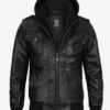 Mens Black Leather Bomber Jacket with Removable Hood