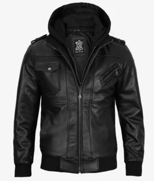 Mens Black Leather Bomber Jacket with Removable Hood