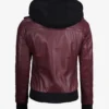 Womens Maroon Hooded Bomber Leather Jacket