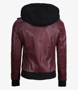 Womens Maroon Hooded Bomber Leather Jacket