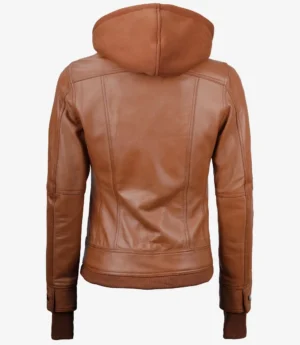 Tralee Women's Tan Waxed Bomber Leather Jacket With Detachable Hood