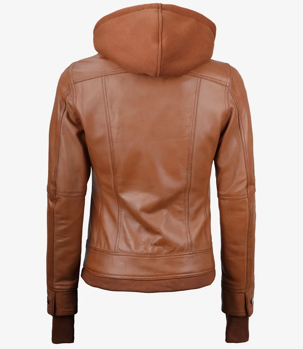 Tralee Women's Tan Waxed Bomber Leather Jacket With Detachable Hood Tralee Women's Tan Waxed Bomber Leather Jacket With Detachable Hood