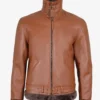 Men's Cognac Leather Shearling Bomber Jacket - Shearling collar and cuffs