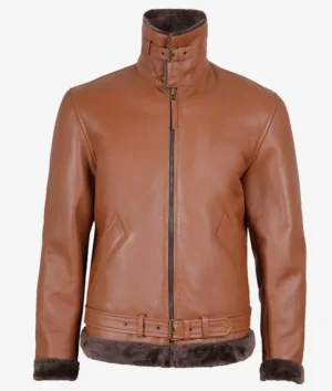 Men's Cognac Leather Shearling Bomber Jacket - Shearling collar and cuffs
