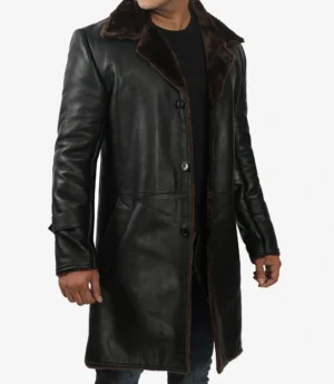 Men's 3/4 Length Black Leather Shearling Coat