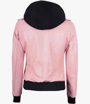 Womens Pink Hooded Bomber Leather Jacket