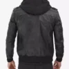 Mens Tall Black Leather Bomber Jacket with Removable Hood