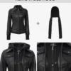 The Céleste: Womens Black Bomber Leather Jacket with Removable Hood