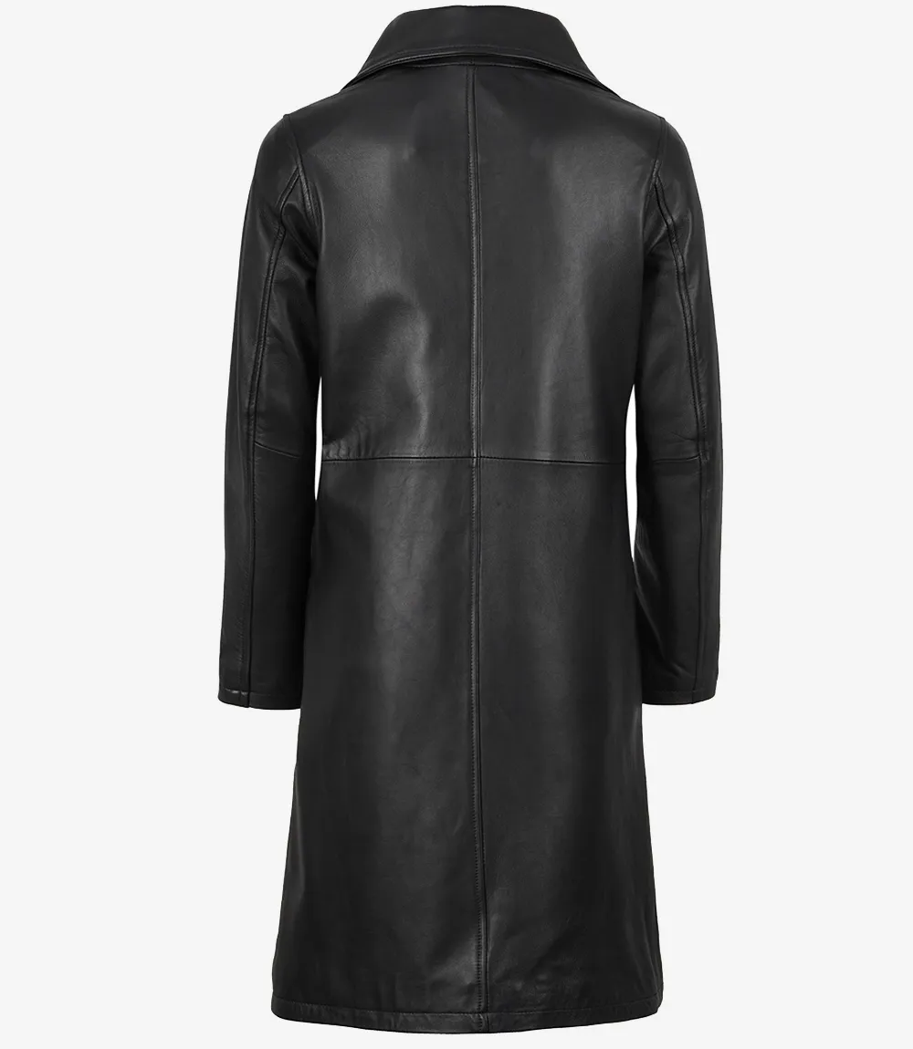 Women's Long Black Leather Car Coat - Notch Lapel Women's Long Black Leather Car Coat - Notch Lapel
