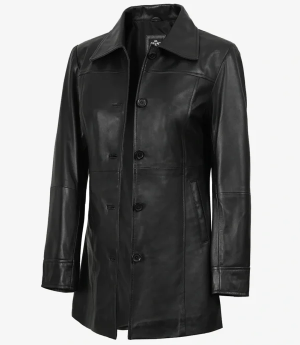 Womens Black 3/4 Length Button Down Leather Coat