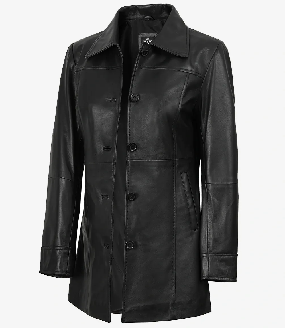Womens Black 3/4 Length Button Down Leather Coat Womens Black 3/4 Length Button Down Leather Coat