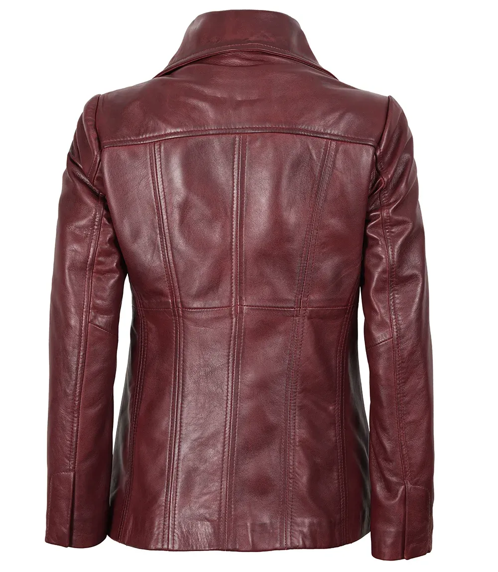 Womens Three Button Burgundy Leather Blazer Womens Three Button Burgundy Leather Blazer