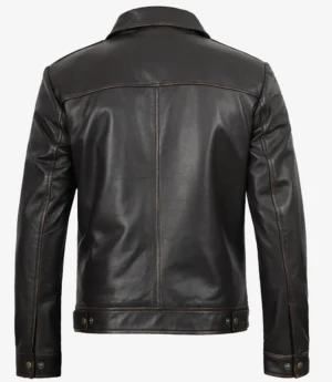 Mens Shirt Collar Classic Distressed Brown Leather Jacket