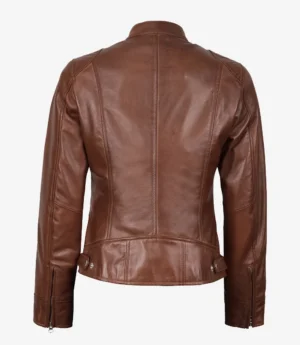 Women's Cognac Waxed Real Leather Biker Style Jacket