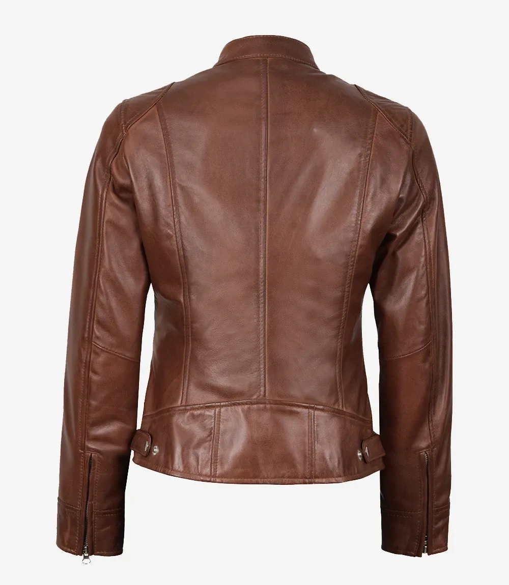 Women's Cognac Waxed Real Leather Biker Style Jacket Women's Cognac Waxed Real Leather Biker Style Jacket