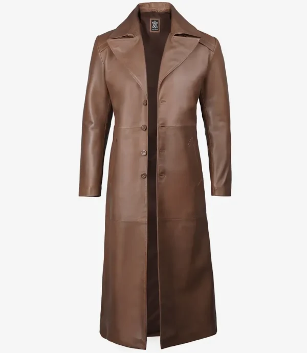 Men's Full Length Brown Leather Coat - Duster Coat
