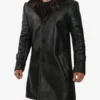 Men's 3/4 Length Black Leather Shearling Coat
