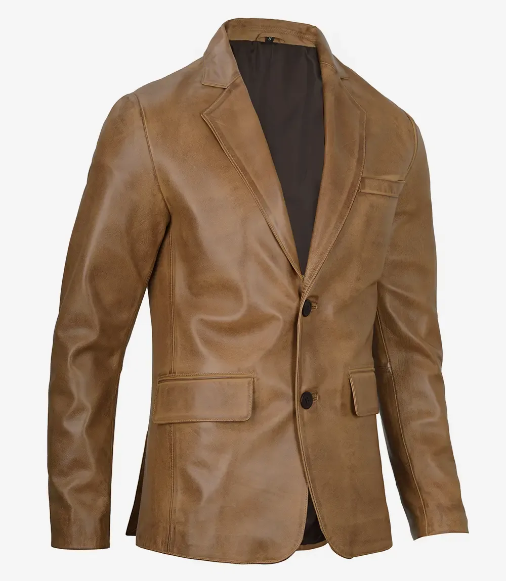 Mens Two Button Camel Brown Leather Blazer Mens Two Button Camel Brown Leather Blazer