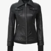The Céleste: Womens Black Bomber Leather Jacket with Removable Hood