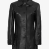 Womens Black 3/4 Length Button Down Leather Coat