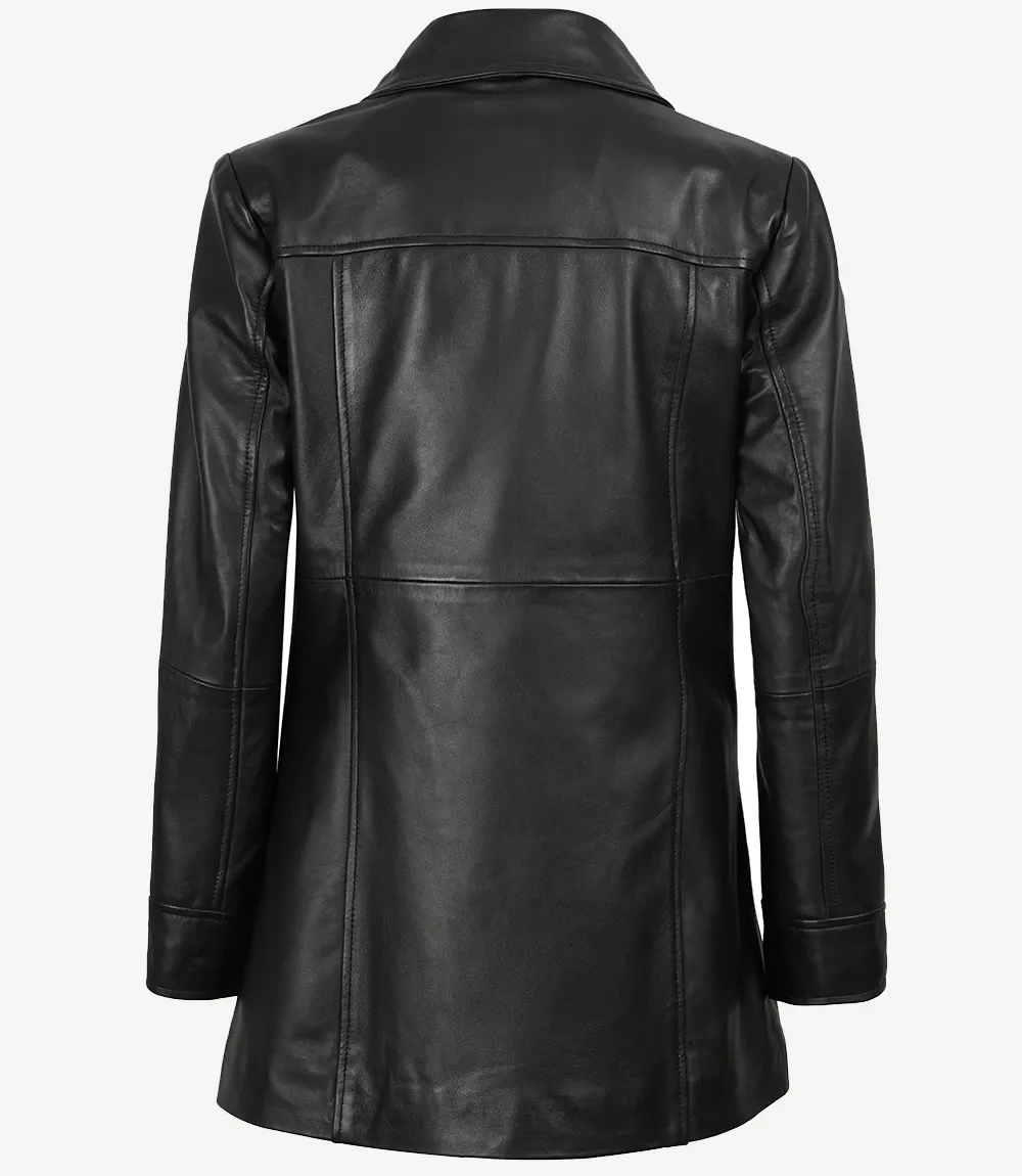 Womens Black 3/4 Length Button Down Leather Coat Womens Black 3/4 Length Button Down Leather Coat