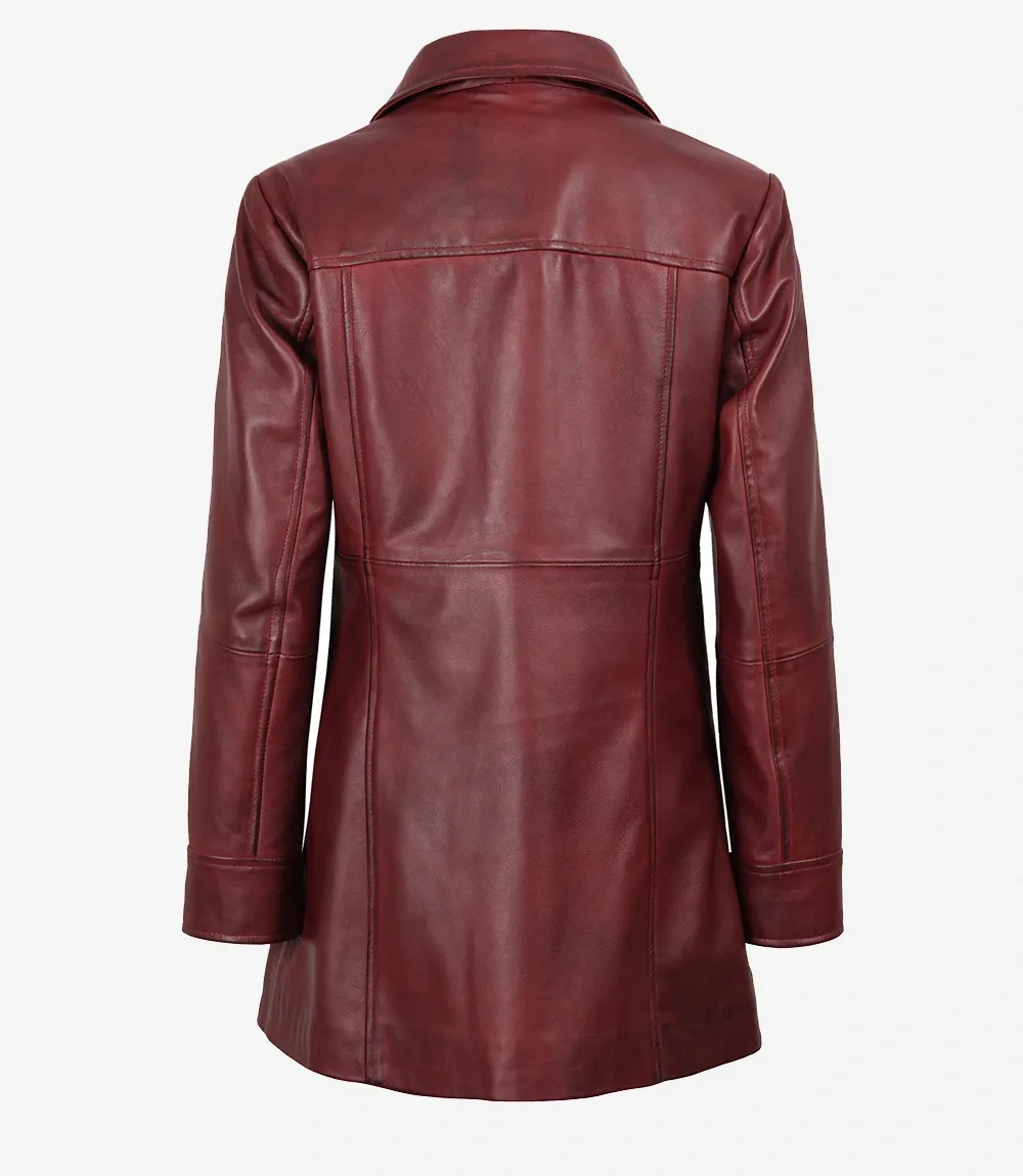 Womens Button Down Burgundy Leather Car Coat Womens Button Down Burgundy Leather Car Coat