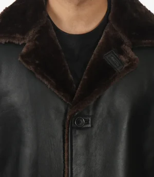 Men's 3/4 Length Black Leather Shearling Coat