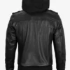 Mens Black Leather Bomber Jacket with Removable Hood