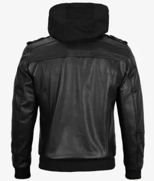 Mens Black Leather Bomber Jacket with Removable Hood