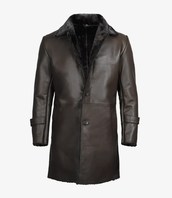 Men's 3/4 Length Dark Brown Shearling Leather Coat