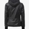 The Céleste: Womens Black Bomber Leather Jacket with Removable Hood