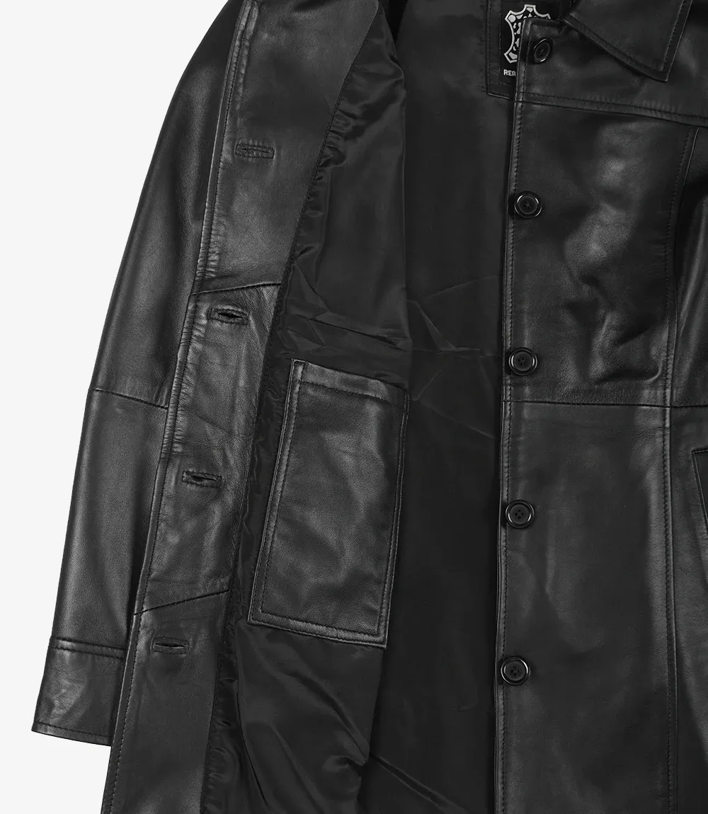 Womens Black 3/4 Length Button Down Leather Coat Womens Black 3/4 Length Button Down Leather Coat