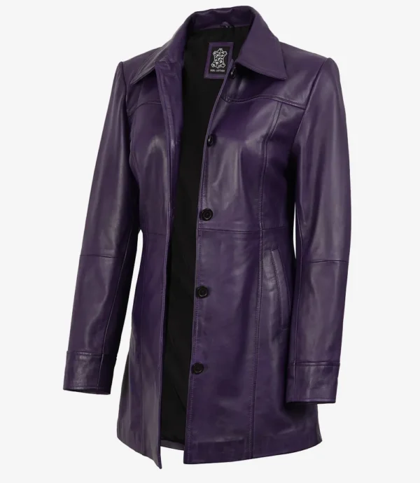 Women's 3/4 Length Button Down Purple Leather Coat