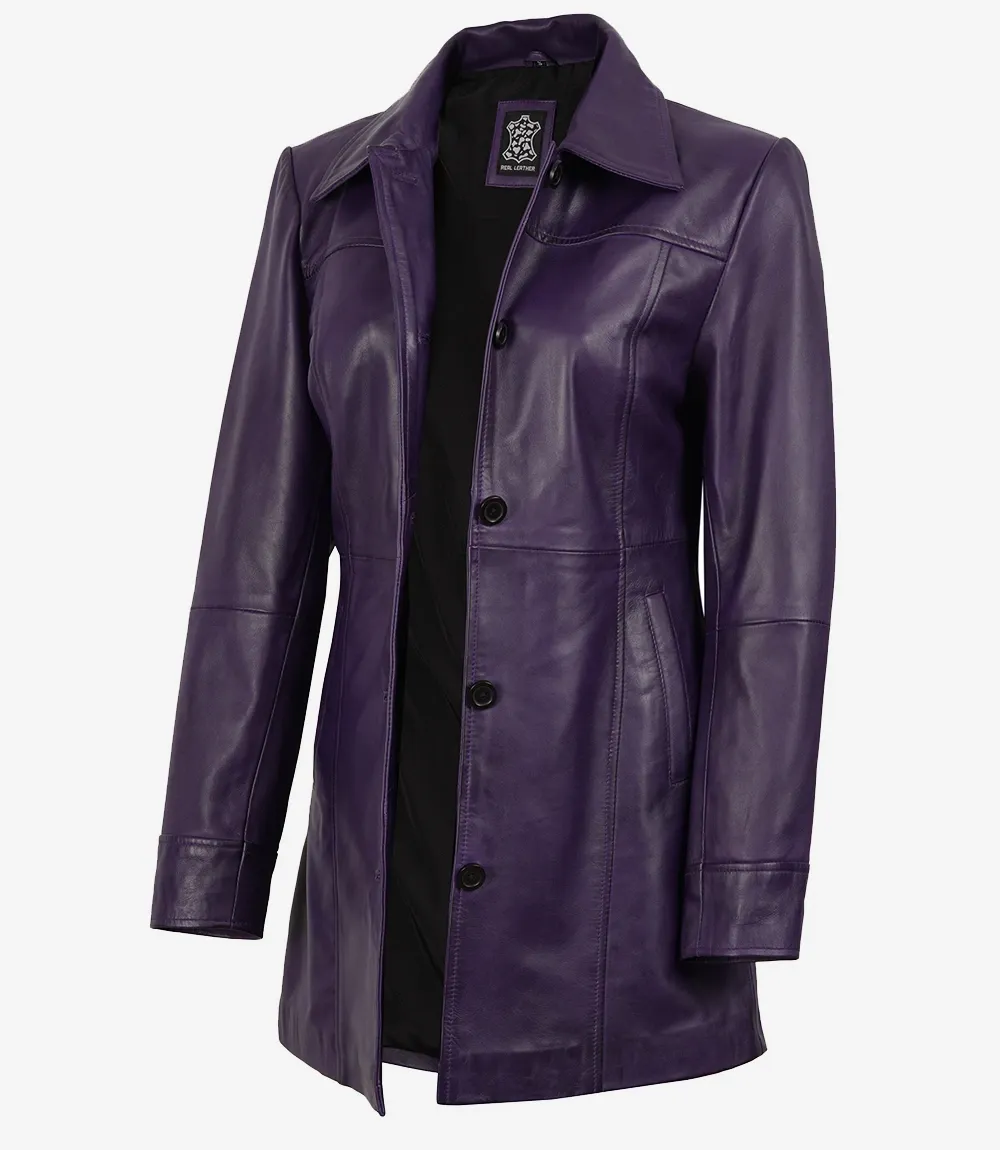 Women's 3/4 Length Button Down Purple Leather Coat Women's 3/4 Length Button Down Purple Leather Coat