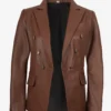 Womens Kim Double Breasted Cognac Leather Blazer