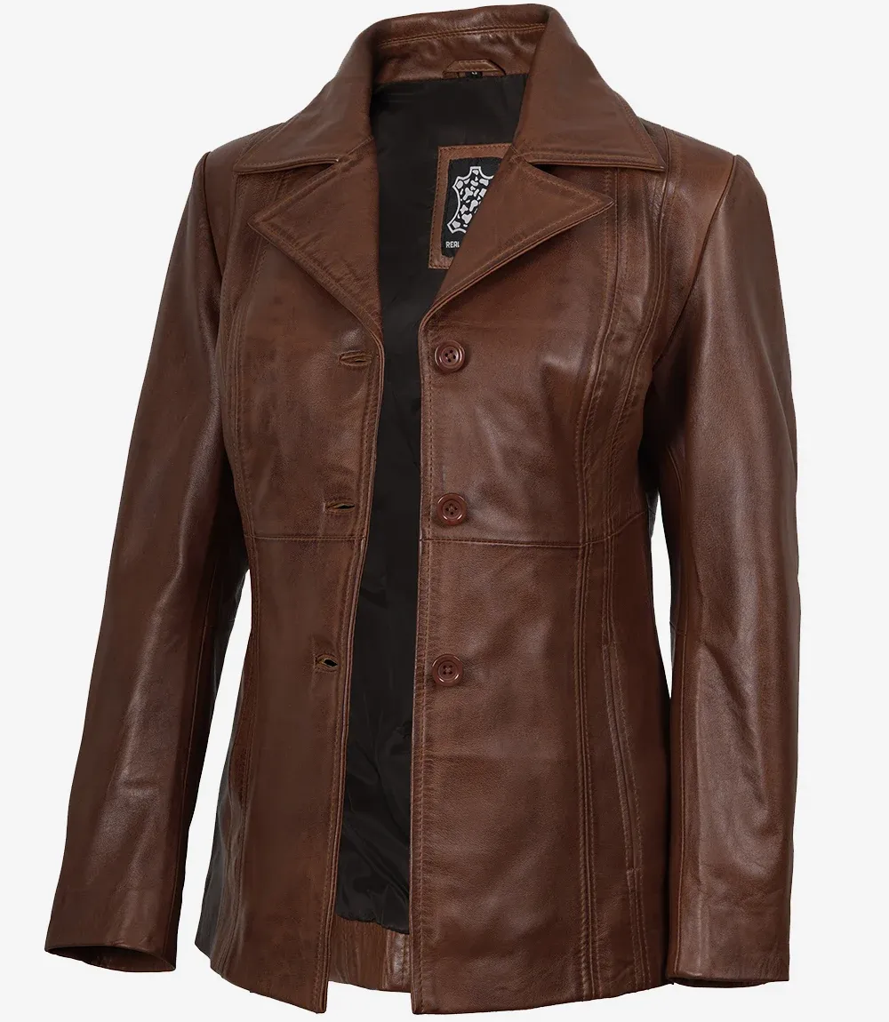 Women's Three Button Brown Leather Blazer Women's Three Button Brown Leather Blazer