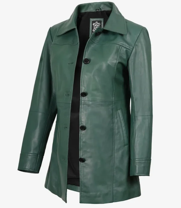 Women's Real Leather 3/4 Length Button Down Green Coat