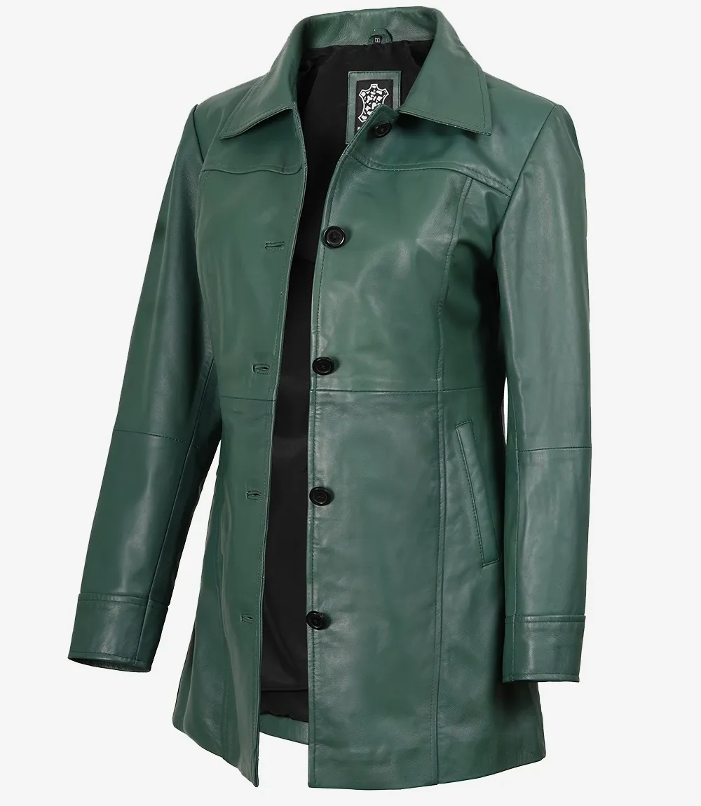 Women's Real Leather 3/4 Length Button Down Green Coat Women's Real Leather 3/4 Length Button Down Green Coat