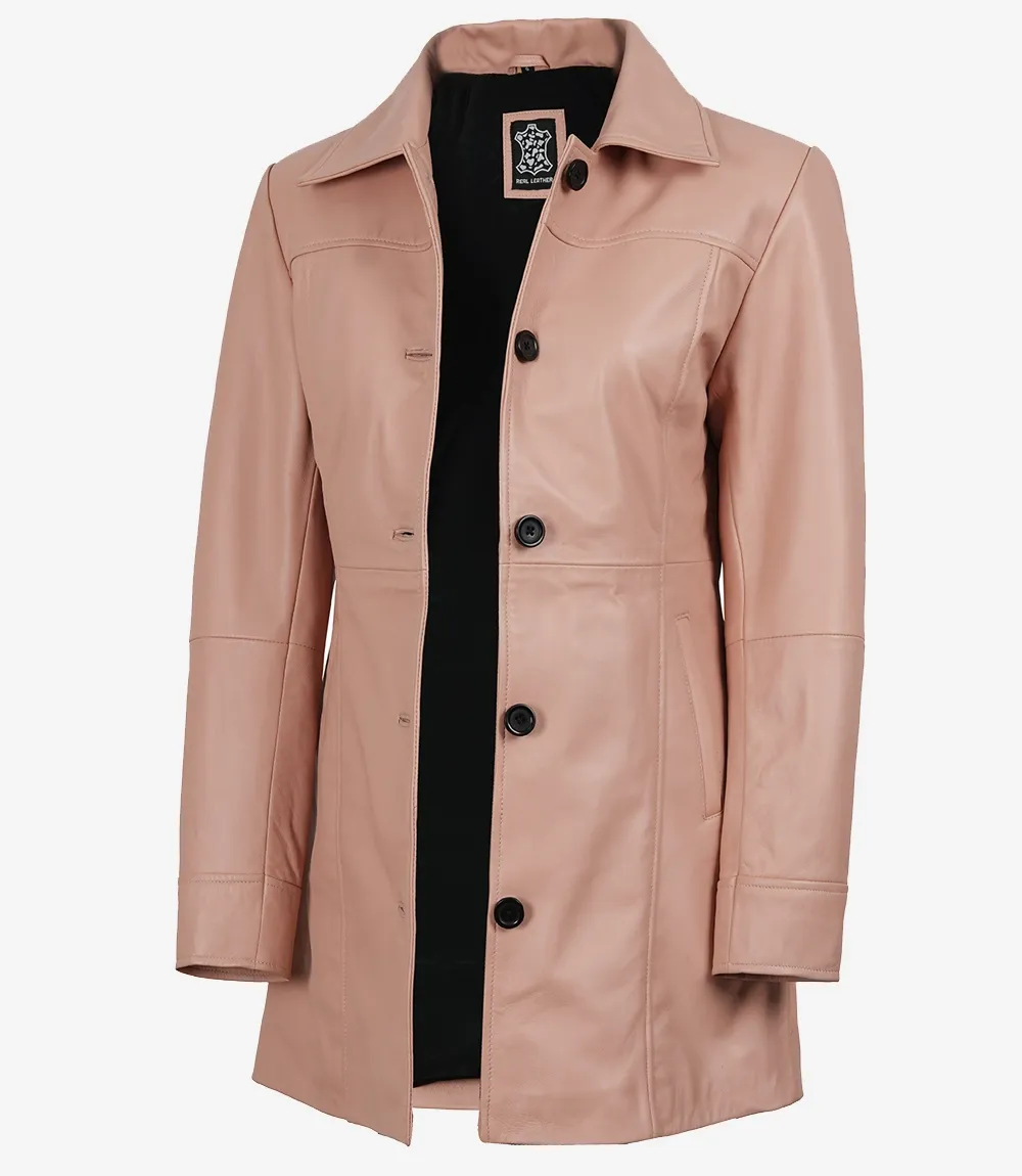 Women's Real Leather Pink Button Down Car Coat Women's Real Leather Pink Button Down Car Coat