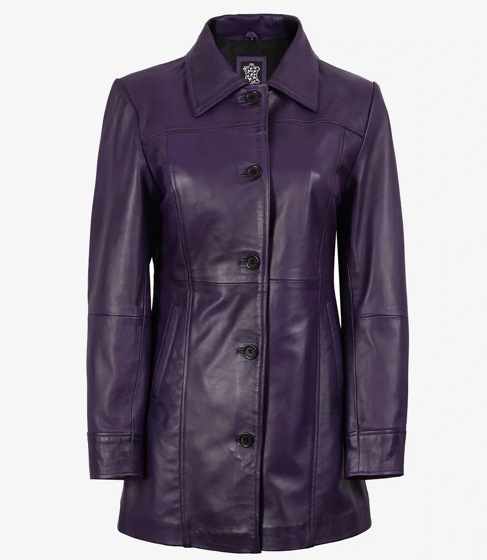 Women's 3/4 Length Button Down Purple Leather Coat Women's 3/4 Length Button Down Purple Leather Coat