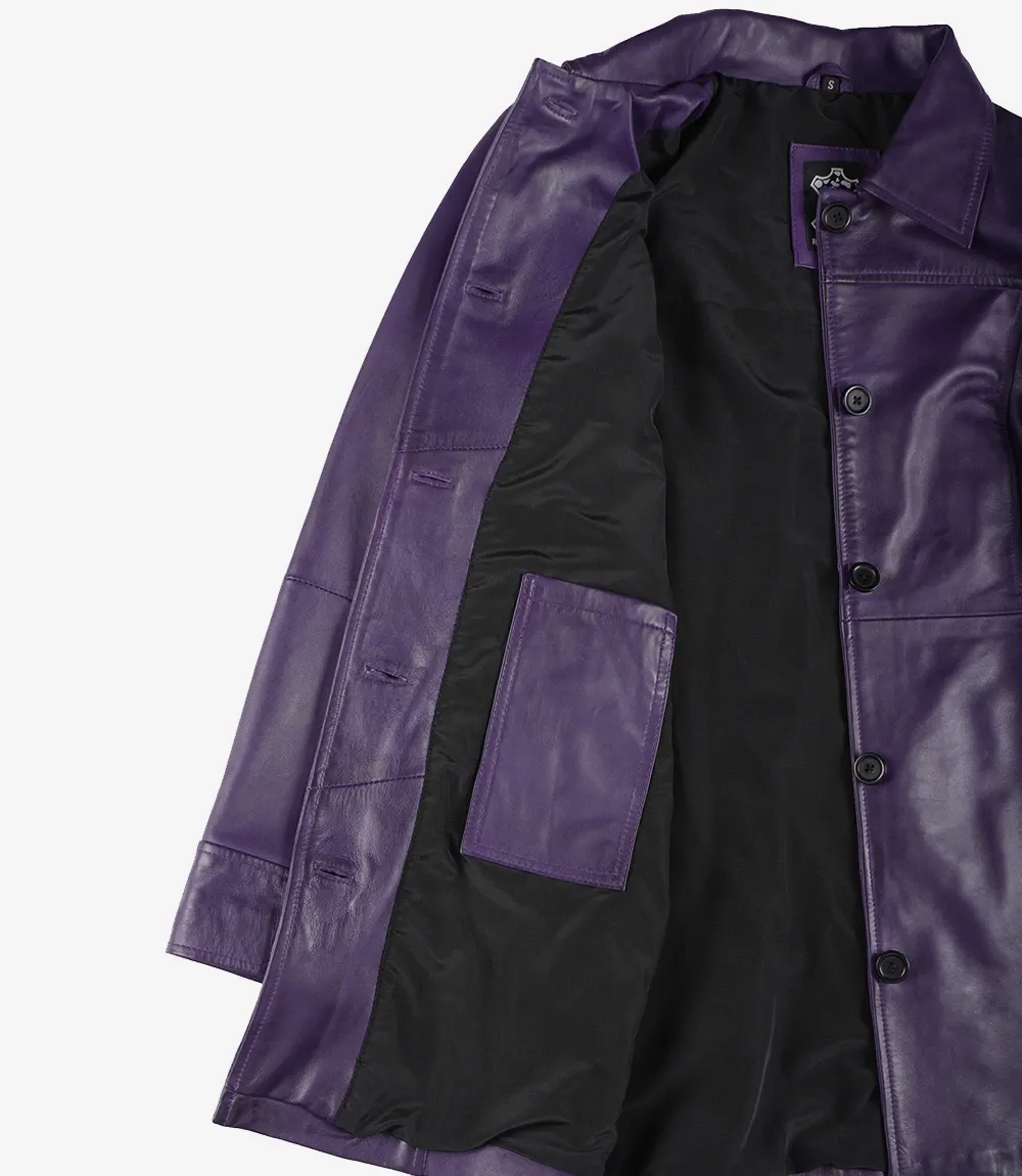 Women's 3/4 Length Button Down Purple Leather Coat Women's 3/4 Length Button Down Purple Leather Coat