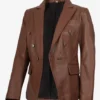 Womens Kim Double Breasted Cognac Leather Blazer