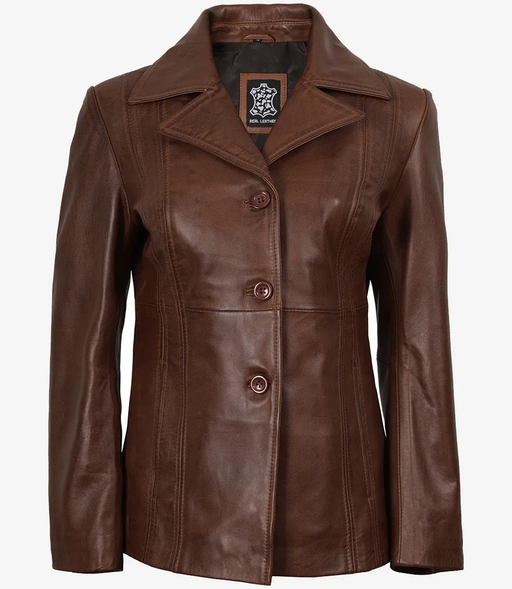 Women's Three Button Brown Leather Blazer Women's Three Button Brown Leather Blazer