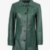 Women's Real Leather 3/4 Length Button Down Green Coat